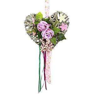 Hart van hout met kunstrozen, bessen en strik om op te hangen, hangende decoratie, krans, kransen, hartvorm, bloemstuk, rozenkoppen, deurkrans, wandkrans, Valentijnsdag, bruiloftsdecoratie,