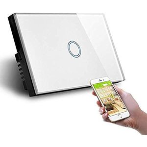 Smart Home schakelaar, 1 positie, touch-wifi, wit, LKM-SMSWT01W LKM beveiliging, getemperd kristal, LED-control, compatibel met Amazon Echo en Google Home