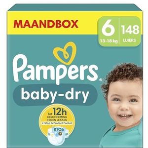 Pampers Baby-Dry Maat 6, 148 Luiers, 13kg - 18kg, Met Een Stop & Protect Pocket Aan De Achterkant Die Tot 100% Bescherming Biedt Tegen Lekken â€™s Nachts