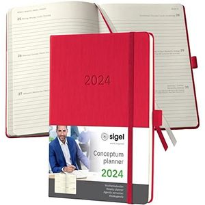 SIGEL C2464 afsprakenplanner weekkalender 2024, ca. A5, rood, hardcover, 192 pagina's, elastiek, penlus, archieftas, PEFC-gecertificeerd, conceptum