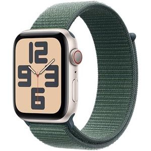 Apple Watch SE (2e gen.) GPS + Cellular 44 mm Smartwatch - Kast van sterrenlicht aluminium - Blauwgroen geweven sportbandje. Conditie en slaap bijhouden, ongelukdetectie, CO₂-neutraal