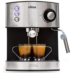 Ufesa CE7240 Espressomachine, 850 W, afneembare container 1,6 l, 20 bar, 2 gebruiksmogelijkheden, koffiepad of koffiezetapparaat, verstelbare verstuiver, zwart/zilver,Ce7240 Inox