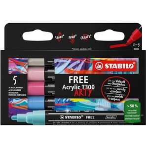 Acryl Marker - STABILO FREE - T300 - Ronde Punt - 2-3 mm - Set Candy - Met 5 Verschillende Kleuren