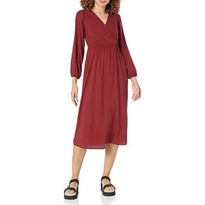 Amazon Essentials Dames lichtgewicht Georgette lange mouwen V-hals midi-jurk (verkrijgbaar in grote maten), bordeaux, L