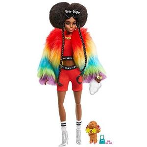 ​Barbie Extra Pop nr. 1, in donzige regenboogjas met haar vriendje de poedel, bruine afro-kroes met vlechten, outfit in laagjes en accessoires, voor kinderen vanaf 3 jaar