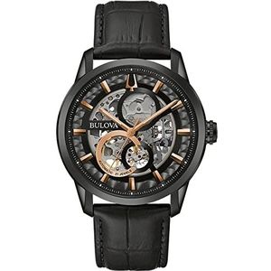 Bulova Heren analoog automatisch horloge met leren armband 98A283, zwart, Modern