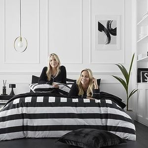 Style Sisters Bold Stripe Katoen Super King Dekbedovertrek Set met Kussenslopen Zwart/Wit