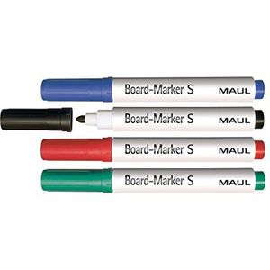 Maul Boardmarkers S | Whiteboard Marker Set met 4 gekleurde pennen | ronde punt met 1,5-2 mm lijnbreedte | droog afwasbaar | ideaal voor het beschrijven van whiteboard en markeringstape | kleurrijk