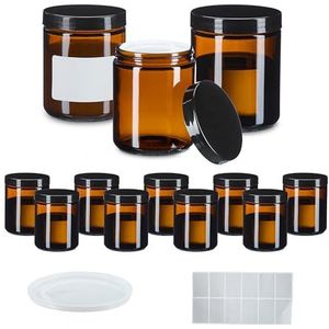 Relaxdays cremepotjes, set van 12, 240 ml, bruin glas, lege zalfpotjes met deksel, afdekplaatjes, etiketten, bruin-zwart