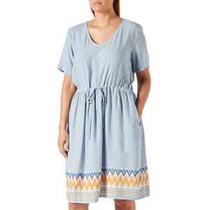 Cream Dames Printed Dress Short Sleeves Tie Waist Relaxed Fit Casual Dames, Vista Blue Ziggy, 36