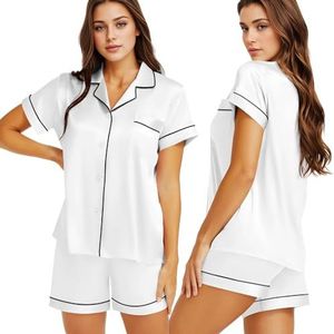 LONXU Dames zijden satijnen pyjama set nachtkleding loungewear XS~3XL Plus_Gifts, Effen wit, L