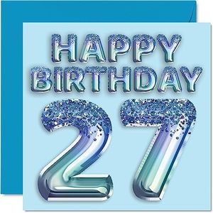 27e verjaardagskaart voor mannen - blauwe glitter feestballon - gelukkige verjaardagskaarten voor 27-jarige man broer zoon neef oom, 145 mm x 145 mm zevenentwintig zevenentwintigste wenskaarten cadeau
