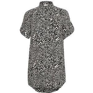 Kaffe Curve Dames Plus-size overhemdjurk knielengte roll tab mouwen, Zwart/Krijt Leo Print, 70 grote maten