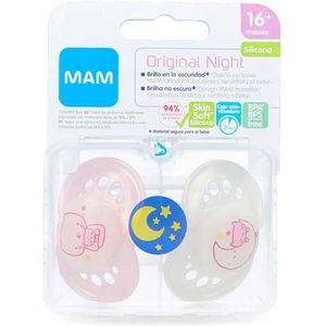 MAM Originele Night S173 fopspeen met zuignap van siliconen SkinSoftTM voor 16+ maanden, licht op in het donker, roze (2 stuks) met zelfsterilisatiedoos