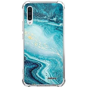 Evetane Beschermhoes compatibel met Samsung Galaxy A50, siliconen, schokbestendig, robuust, bescherming rondom, transparant, blauw, parelmoer, marmer, motief tekst