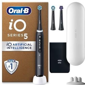 Oral-B iO5 Zwarte Elektrische Tandenborstel, 3 Opzetborstels, Reisetui, Etui Voor De oplader,Opzetborstel Houder