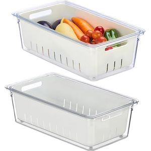 Relaxdays koelkast organizer, set van 2, stapelbaar, bakjes, groente, fruit, opbergbakjes met deksel, transparant/wit