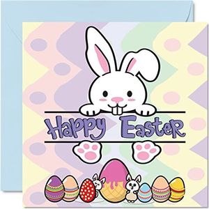 Paaskaarten - konijntjes en eieren - Happy Easter Card Friend, Bunny Paaskaarten, christelijke paasgeschenken, 145 mm x 145 mm lente-seizoenskaarten voor familie en vrienden