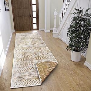 NORTHRUGS Biri Omkeerbaar tapijt voor binnen en buiten, plat weefsel, boho-design, ÖKO-TEX, weerbestendig en uv-bestendig, voor balkon, terras, tuin, oker, 80 x 350 cm