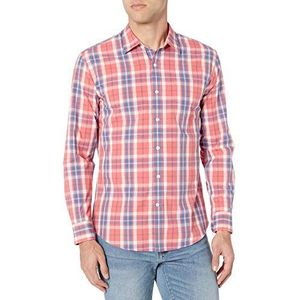 Amazon Essentials Men's Casual poplin overhemd met normale pasvorm en lange mouwen, Gewassen rood Vensterruit, M