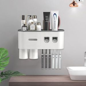 TuCao tandenborstelhouder wandmontage met dubbele automatische tandpasta-dispenser knijp-kit, 2 / 3 bekers (grijs, 2 tandpasta-dispensers, 2 bekers)