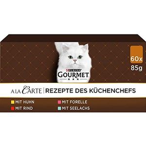 Purina Gourmet A la Carte Kattenvoer, Natvoer met Kip, met Rund, met Forel en met Koolvis, gegarneerd met Groenten in Saus - 60x85g - (60 maaltijdzakjes; 5,10kg)