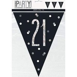 21e verjaardag vlaggetjesslinger - 2,74 m - glitter zwart & zilver verjaardag