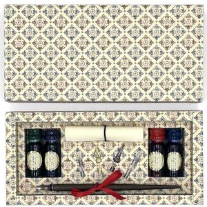 Set vulpen + inkt 11 ml, cadeau-idee, geschenkdoos met goudpoeder, Made in Italy, motief: Red & Blue