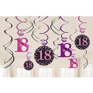 Amscan 9900581 glinsterend roze spiraalvormige decoraties om op te hangen voor 18e verjaardag (12 stuks) - 1 pack