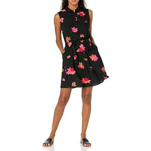 Amazon Essentials Women's Mouwloze geweven T-shirtjurk, Zwart Roze Bloemen, XS