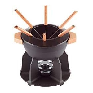 LE CREUSET Gietijzeren fondueset, inclusief 2 houten handvatten, spatbescherming, rechaud en 6 fonduevorken, 2 liter inhoud, zwart
