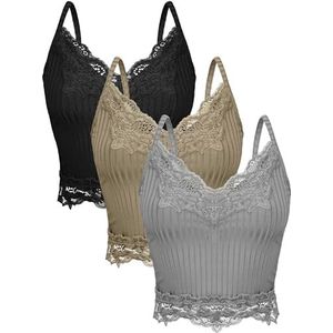 3-delige kanten patchwork-top voor dames, kanten tanktop, Y2k E, meisjeskleding, feeën-grunge stijl, T-shirts, cami, geribbeld, gebreid, tanktops, lichtgrijs, bruinggroen, zwart, maat M