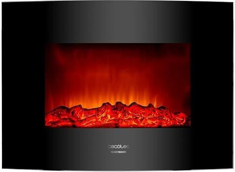 Cecotec Ready Warm 2210 Curved Flames 2210 Decoratieve elektrische open haard met afstandsbediening, 2000 W, 2 intensiteiten, gebogen paneel van gehard glas, verstelbare vlam, timer
