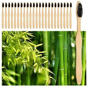 Relaxdays bamboe tandenborstels, set van 24, medium harde borstels, duurzaam, zonder BPA, handtandenborstels, zwart