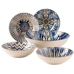 MÄSER 934018 Iberico Blue, 5-delige bowl-set in Moorse stijl, 1 grote slakom en 4 kommen voor salade, muesli, soep of pasta, met verschillende vintage patronen in wit en blauw, aardewerk