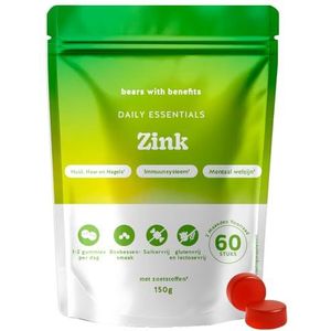 Zink 25 mg Gummies – Draagt bij aan normaal haar, nagels en huid, immuunondersteuning en cognitieve functie – 60 stuks (2 maanden voorraad) – Suikervrij, vegan – Bears with Benefits