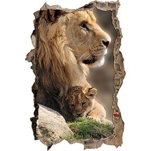 Pixxprint 3D_WD_2004_62x42 leeuw met knuffel met Babylleeuw muurdoorbraak 3D muursticker, vinyl, kleurrijk, 62 x 42 x 0,02 cm