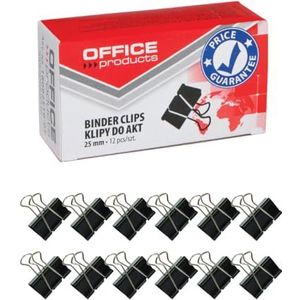 Office Products Foldback-klemmen, 25 mm, 12 stuks, van metaal, zwart/zilver, bestand tegen vervorming, paperclips, papierklemmen