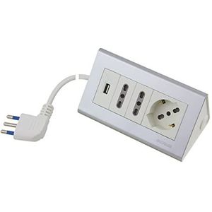 Poly Pool PP2594XAM stekkerdoos met 2 tweedelige stopcontacten, een Duitse geaarde stopcontact en 1 USB, 2 m kabel met grote stekker, ruimtebesparend, zilverkleurig en wit