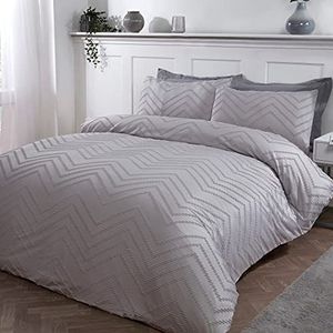 Sleepdown Tufted Wave Stripe Nordic Geo Grey Soft Cosy Easy Care Luxe Dekbedovertrek Quilt Beddengoed Set met kussenslopen - Super King (260cm x 220cm)