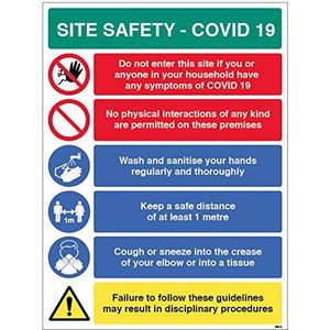 Site Safety COVID19 - geen fysieke interacties, handen wassen, 1 meter beleid, gebruik weefsels - 4mm gecanneleerd 450x600mm
