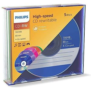 Philips CD-RW blanco 80min 700MB 4-12x 5er Slim Case gekleurd
