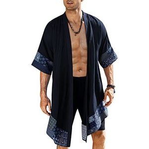 COOFANDY Lichtgewicht herenvest met sjaalkraag, lange kimonojassen, open voorzijde, gedrapeerde kapmantel, marineblauw, L