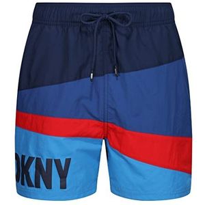 DKNY Heren zwembroek/shorts in blauw/rood contrast, polyester sneldrogende volwassen shorts badmode met trekkoord en elastische tailleband, Blauw/Rood, XL