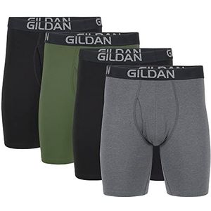 Gildan Heren katoenen stretch lange been boxershort (Pack van 4), Black Soot/Heather Donkergrijs/Groen Midnight (4-pack, Lange Been), S