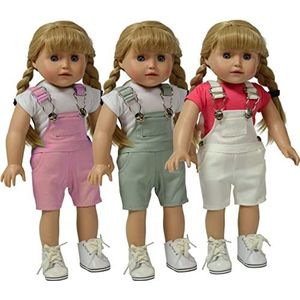The New York Doll Collection Ingesteld van 3 Multi Kleur Pop Keperstof Overall - Roze, Grijs en Wit Overalls - Voor Mode Meisje Poppen - Past bij 18 Inch / 46cm Poppen - Pop Kleding