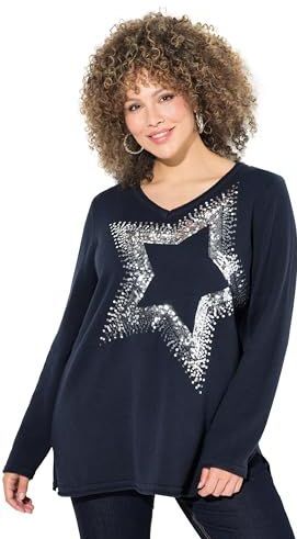 Ulla Popken - Trui - Marine - V-hals - Lange Mouw - Motiefprint - Pailletten