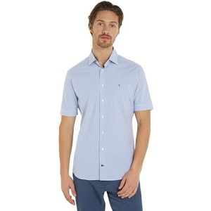 Tommy Hilfiger Heren Cl Str Fine Poplin STP Shirt S/S Overhemden, Blauw, 46W, Optic Wit/Ultra Blauw, 50