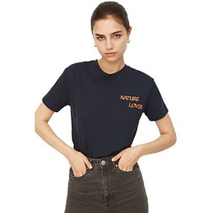 Trendyol Dames Navy Blue voor- en achterkant bedrukt half passend gebreid T-shirt, extra large
