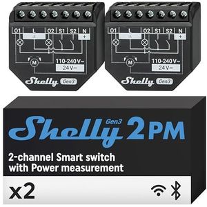 Shelly 2PM Gen3, Wifi & Bluetooth 2-kanaals Slimme relaisschakelaar, Rolluikschakelaar met energieverbruikmeting, Domotica, Google Home Alexa accessoires, iOS Android app (2 pack)